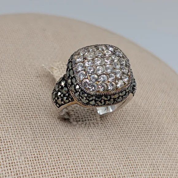 Vintage Sterling Silver 925 CZ Crystal Marcasite Stone Signet Ring Size 5.75 - Picture 11 of 16